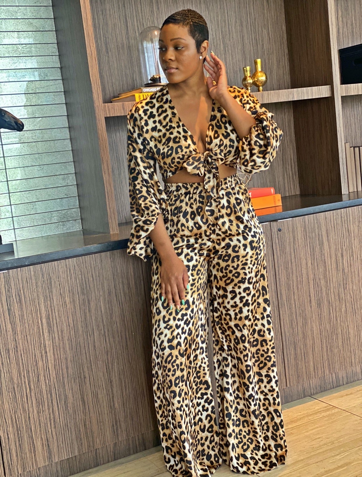 Keylia J . - Two Piece Leopard Cropped Top and Pants Set